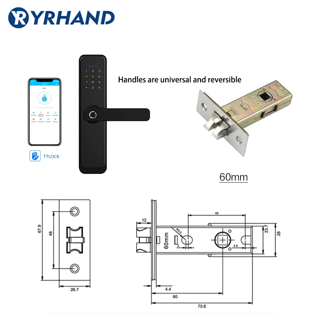 TT lock app WiFi Smart Fingerprint Door Lock, Electronic Door Lock,Smart Bluetooth Digital APP Keypad Code Keyless Door Lock - Цвет: 60mm latch