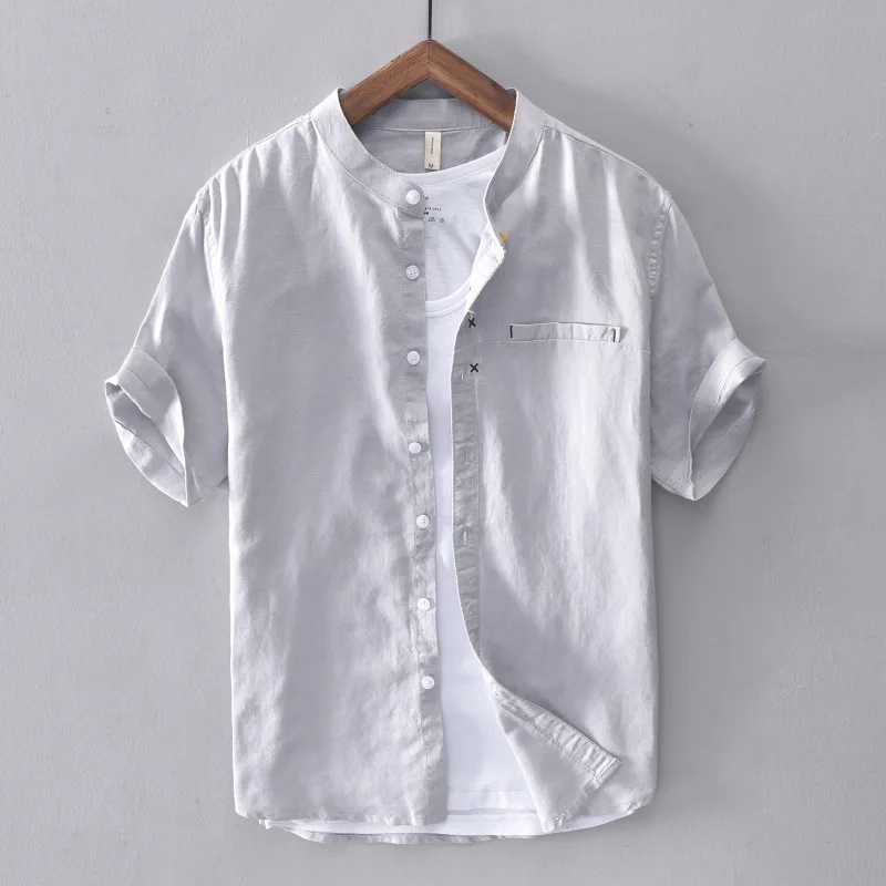 

Cotton Linen Shirt Men Solid Short Sleeve Casual Slim Button Down Quality Mandarin Men's Dress Shirts Camisa Masculina TS-668