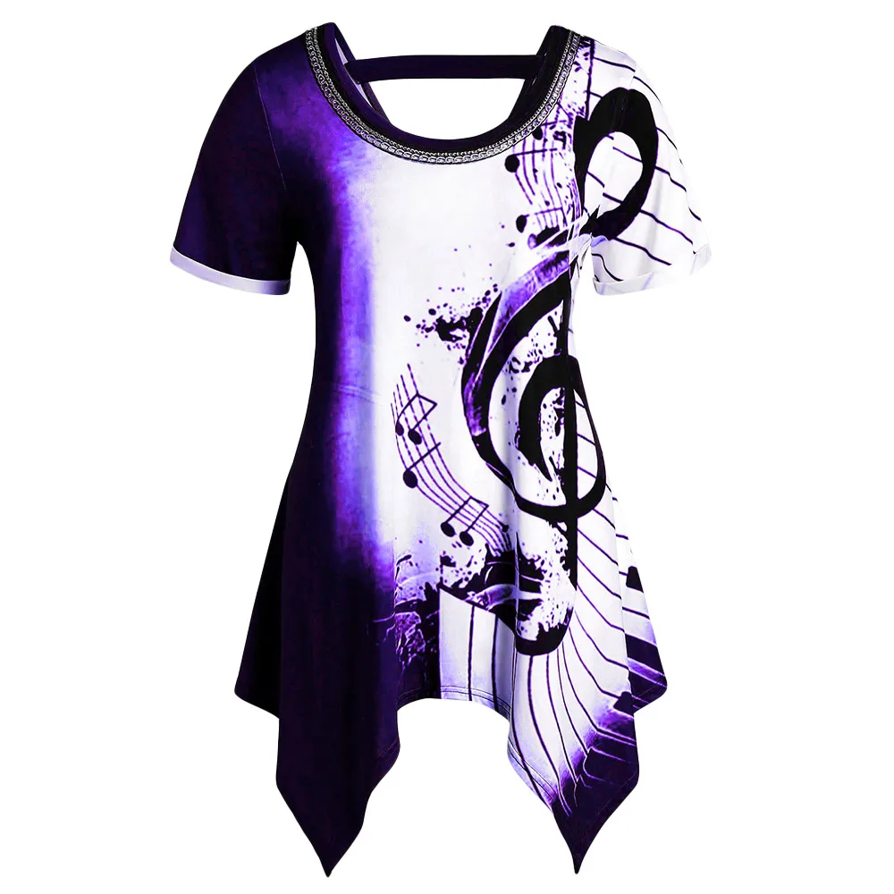  5XL Large Size Asymmetrical T-Shirt Women Musical Notes Print Chains Tshirt Embellished Tees Casual