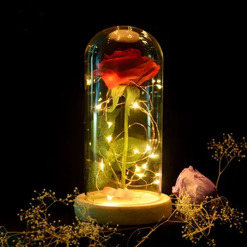 

Eternal Rose Flower Red Silk Rose and LED Light with Fallen Petals in Glass e on a Wooden Base BEST Gift for Valentine's Day