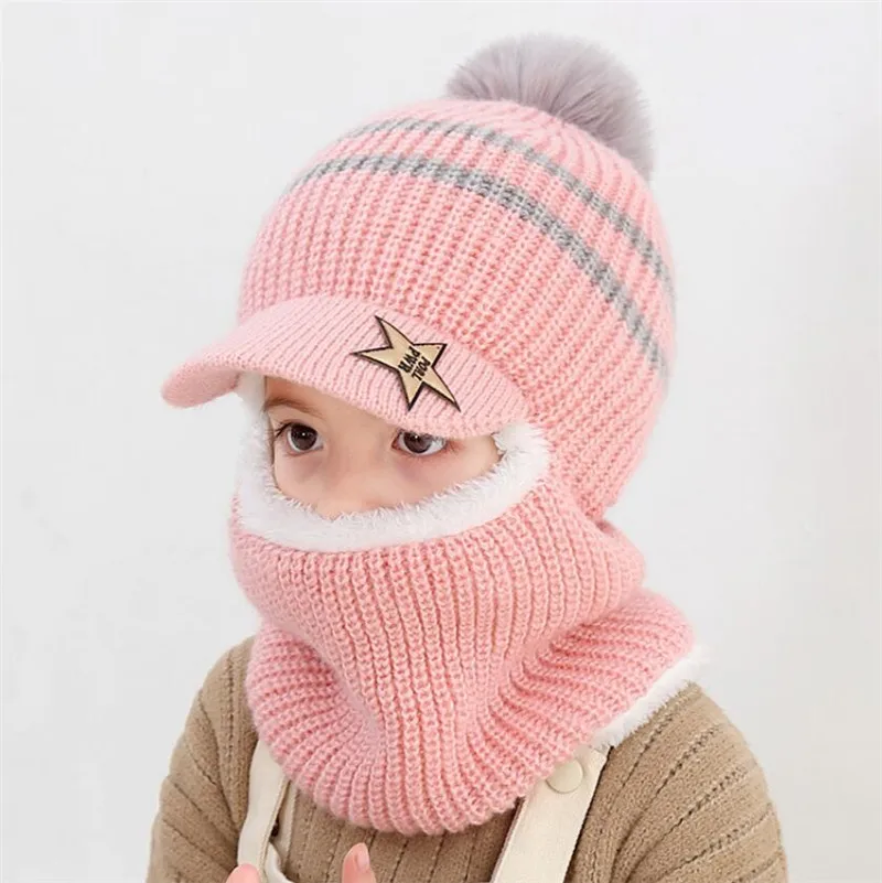 Knit Short Plush Hooded Scarf Kids Hat And Scarf Child Winter Warm Protection Ear Pom Pom Cap Scarves Girls Boy Accessories