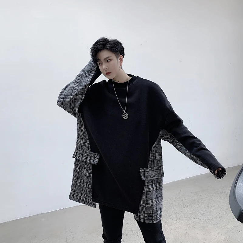 Men Autumn Winter Plaid Splice Velvet Thick Pullover Sweatshirt Overcoat Male Women Vintage Fashion Casual Hoodie Outerwear