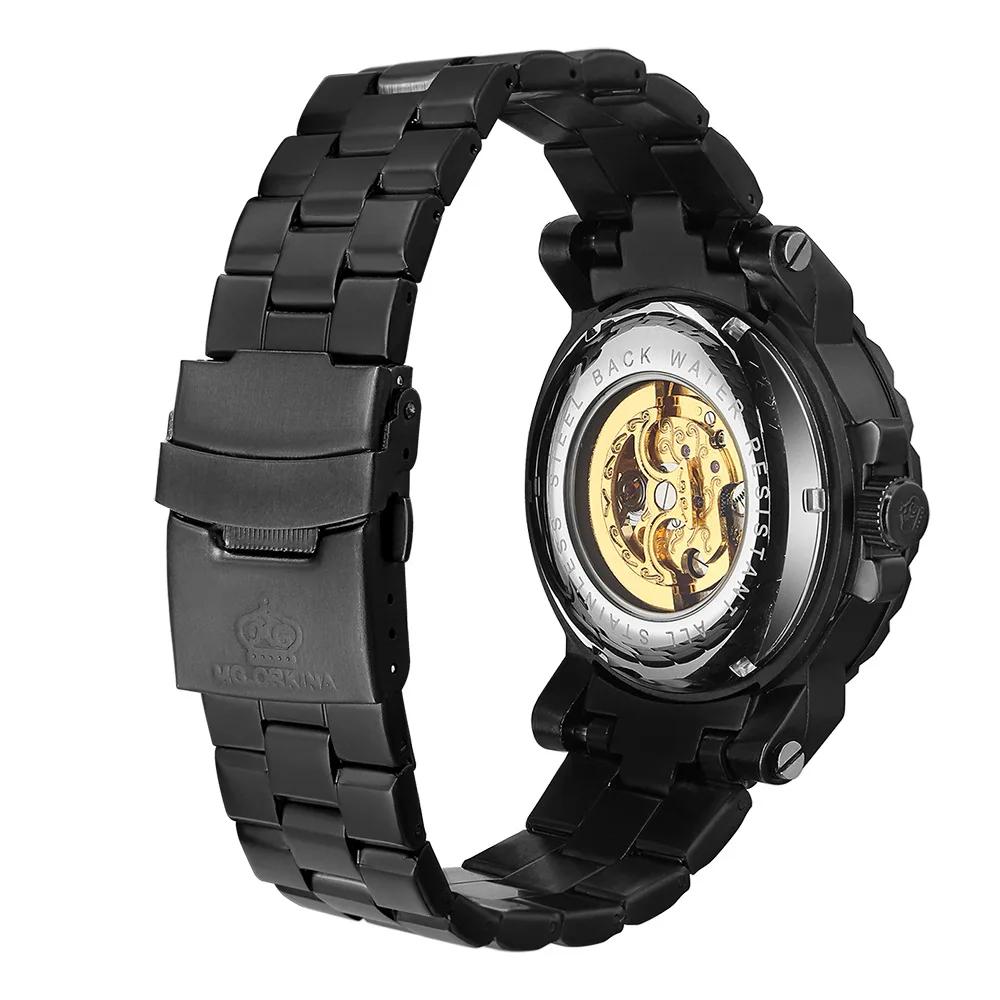 ORKINA Brand Automatic Mechanical Watches Men Luxury Gold Skeleton Black Stainless Steel Men's Automatic Self-Wind Wristwatches
