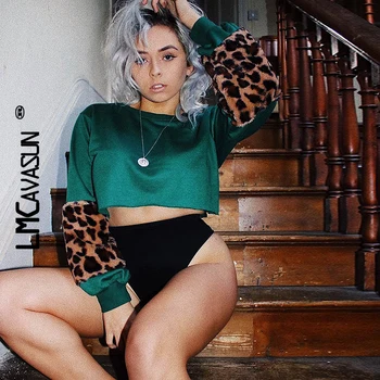 

LMCAVASUN 2019 New Spring Leopard Print Patchwork Cotton Hoodies Lantern Sleeve Navel Bare Crop Tops Pullovers Women Sweatshirt