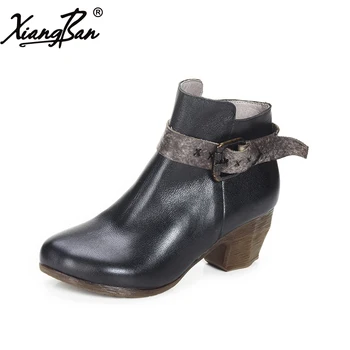 

Xiangban Genuine Leather Women Boots Buckle Handmade Vintage High Heel Shoes Autumn Woman Casual Boots Black