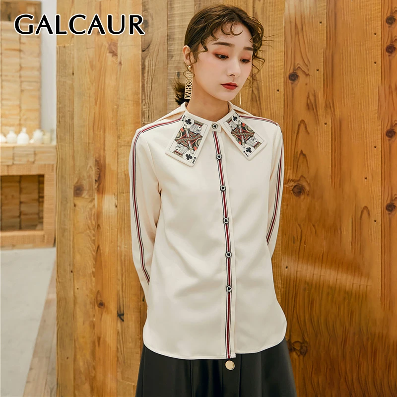 

GALCAUR Print Patchwork Side Split Women's Shirts O Neck Long Sleeve Oversize Korean Female Shirt Blouse 2019 Autumn Fashion New
