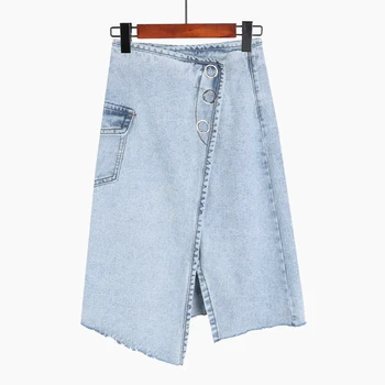 

Irregular Denim Skirt Women Vintage Blue Buttons Pocket High Waist A-line Knee Length Jeans Skirts Faldas Mujer