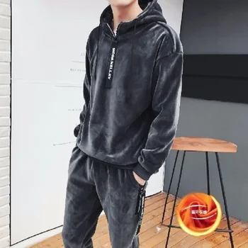 

New Men Clothing Autumn and Winter 2020 Korean Fashion Double-sided Fleece Hooded Men's Sweater Thickened Sports Two-piece Suit