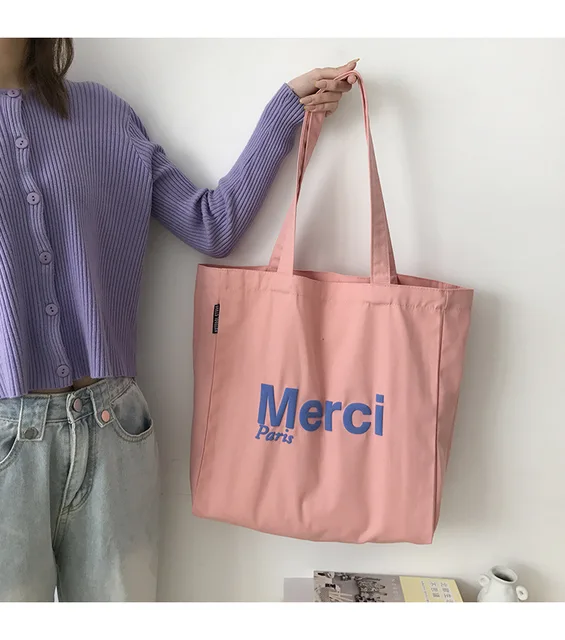 Merci Women Big Canvas Shoulder Bags French Print Eco Friendly Grocery  Shopping Bag Cotton Cloth Handbag Casual Tote for Ladies