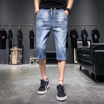 

Summer casual cropped pants men's slim denim men's pants straight cotton high quality solid color jeans blue 36