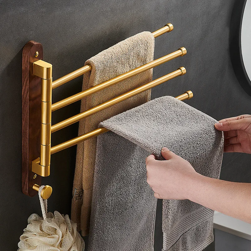 Tuqiu Swivel Towel Hanger Brushed Gold Wood Towel Bar Wall Mounted