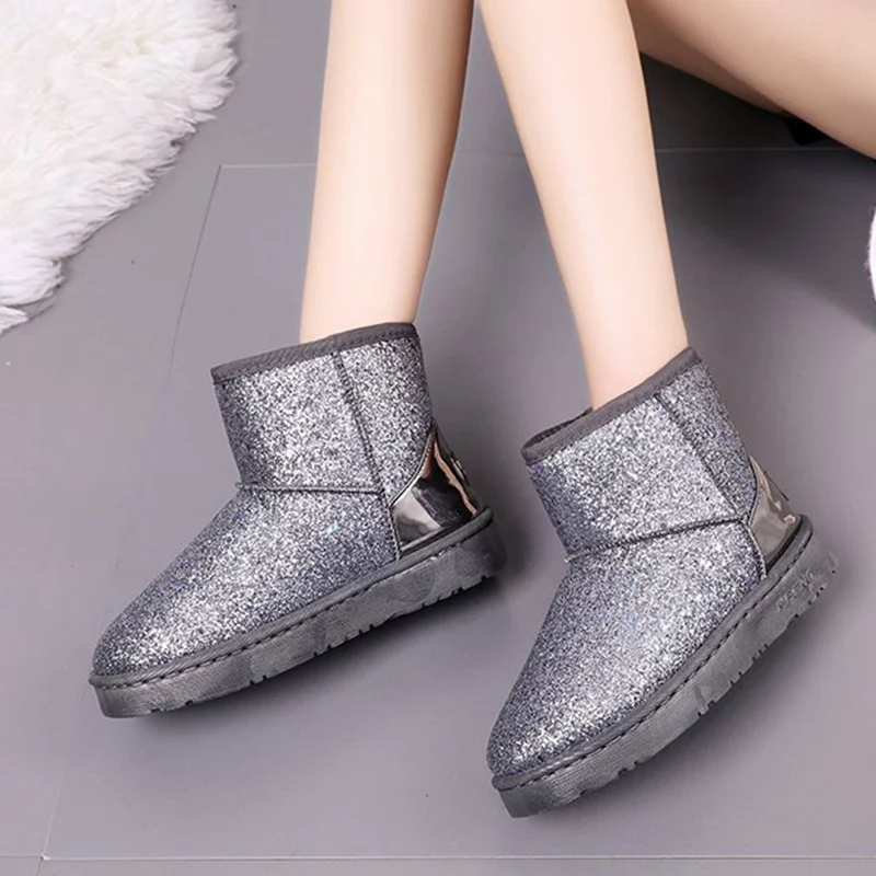 

2019 Women Glitter Snow Boots Short Plush Woman New Warm Soft Ladies Ankle Boot Winter Fur Bling Platform Female Casual Shoes