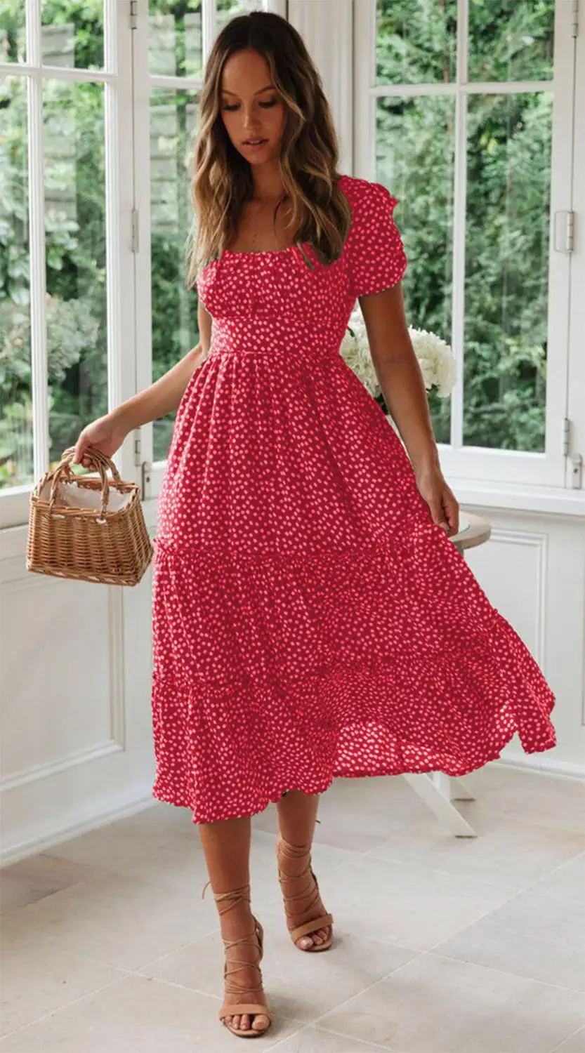 Vestidos, винтажное летнее пляжное милое платье с рукавами-фонариками, повседневное длинное платье макси с квадратным воротником и цветочным рисунком, festa - Цвет: Красный