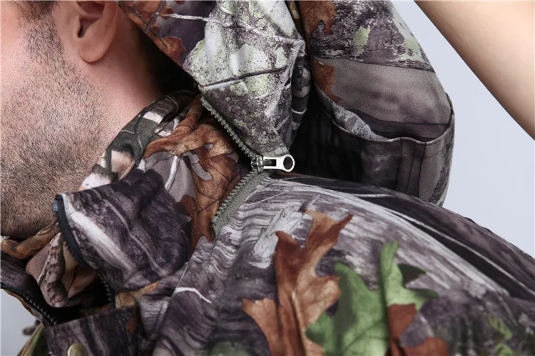 Bionic листья камуфляжная одежда для мужчин охотничья куртка брюки комплект утолщаются с капюшоном Хлопок ghillie Костюмы