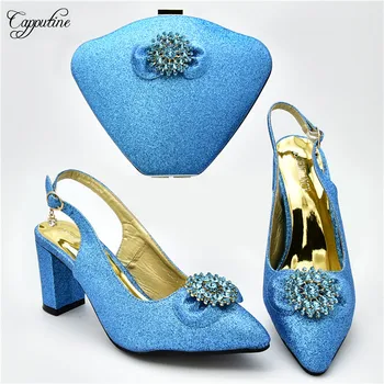 

Popular sky blue spring/autumn design sandals shoes and evening handbag set for fashion lady 108-6 heel height 7cm. 5 color