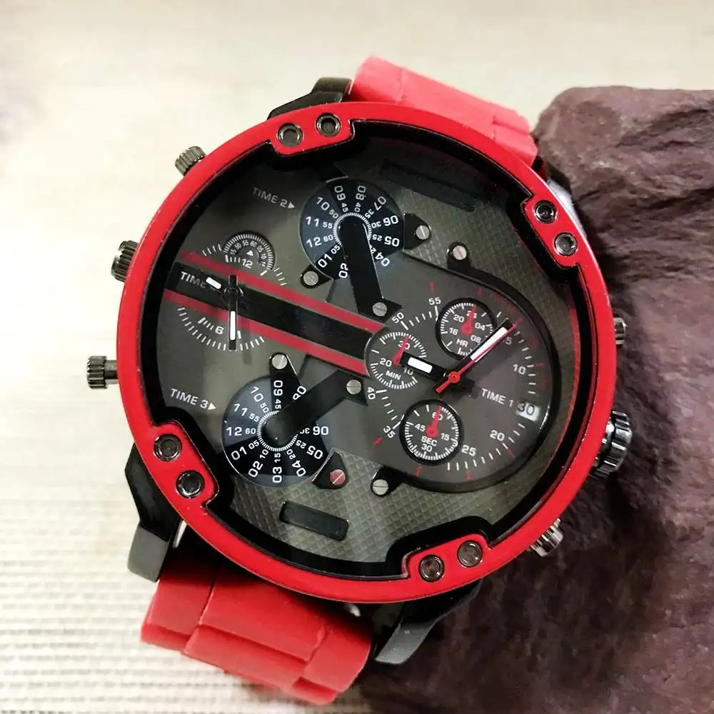 Мужские кварцевые часы Move с красным силиконовым ремешком двумя часовыми поясами