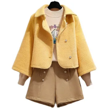 激安 秋冬の女性のファッションカジュアルスーツ緩い毛織物ショートコート + カーキウールショートパンツ2のセット