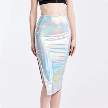 

High Waist Metallic Pencil Skirt Jupe Femme Split Office Wear Skirts Streetwear Holographic Laser Women Shiny Silver Skirts