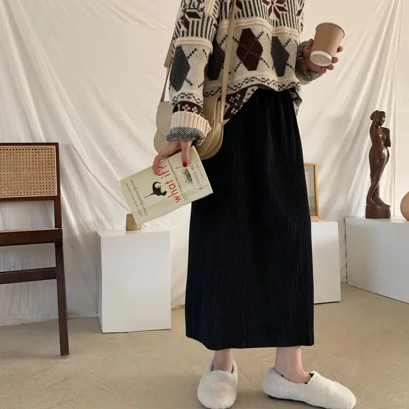 FINEWORDS, корейский стиль, кавайные розовые юбки, Женская винтажная длинная Вельветовая юбка, однотонная уличная юбка средней длины с высокой талией, повседневная юбка falda - Цвет: Black