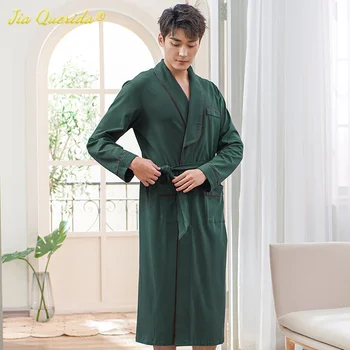

Long Sleeve Nightgown Cotton Kimono Men Brand Plus Size Couples Bath Robe Solid Green 100% Pure Cotton Quality Housecoat Spring