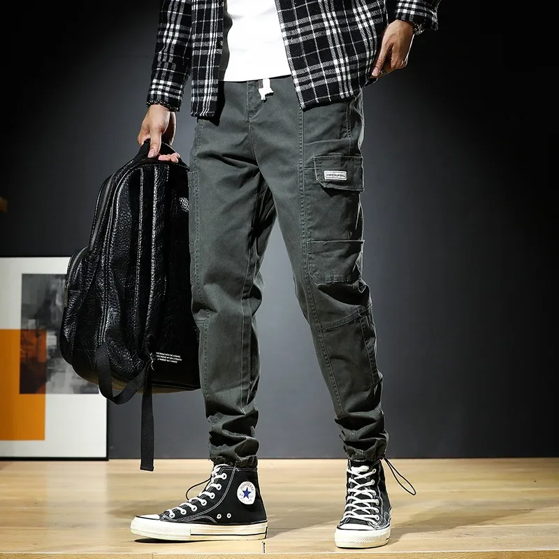 Men's Baggy Cargo Pants Streetwear Harajuku Tactical Casual Drawstring Male Clothing Black Cotton Trousers