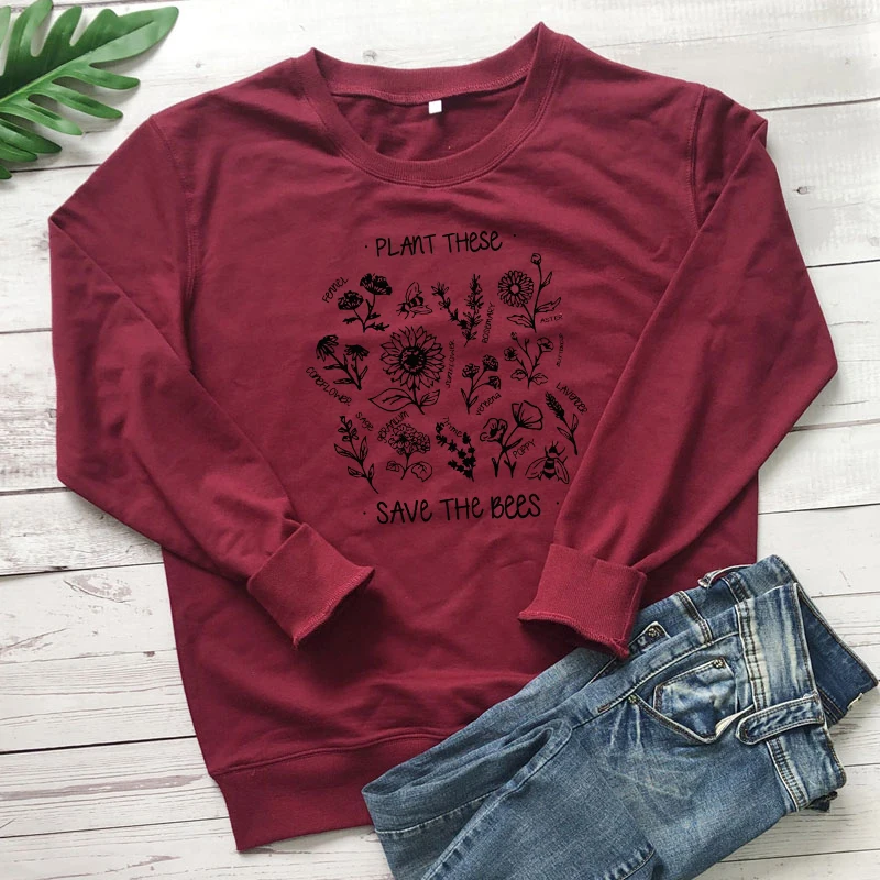 burgundy-black text Растение эти спасательные пчелы свитшоты винтажные женские графические растительные пуловеры леди длинный рукав джемпер с цветочным узором толстовки уличная - Цвет: burgundy-black text