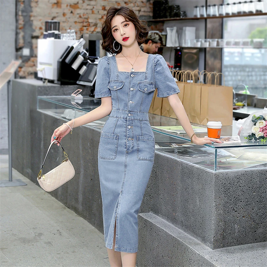 hemel roekeloos Het formulier French Style Vintage Denim Dress Summer Short Sleeve Elegant Sheath Dress  Backless Korean Fashion Midi-calf Dresses Robe - Dresses - AliExpress