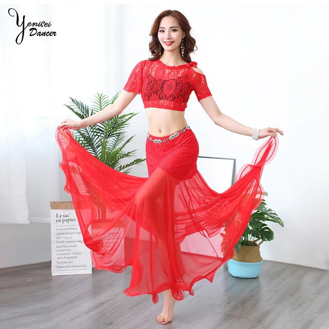 2pcs/set New Belly Practice Clothes Sexy Thin Long Tulle Skirts Short Sleeve Bellydance Adult Trajes Bellydance _ - AliExpress Mobile