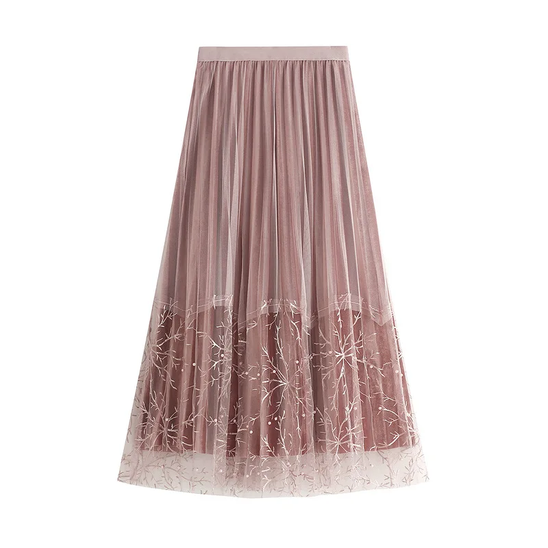 Сетчатая вуаль, вышитые женские юбки, Осень-зима, новинка, Женская Золотая Бархатная плиссированная юбка, юбка с бисером, 8306
