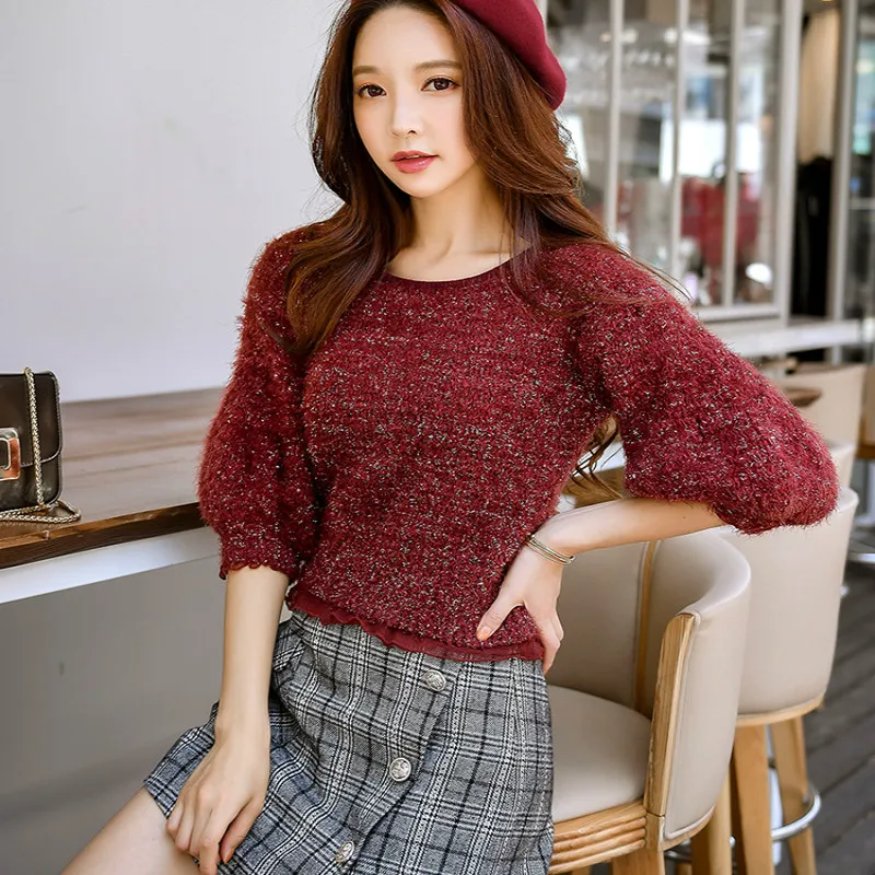

Dabuwawa Autumn Sweaters Women 2019 New Wine Red Loose Casual Lantern Sleeve Short Knit Sweater Top Women Sweater