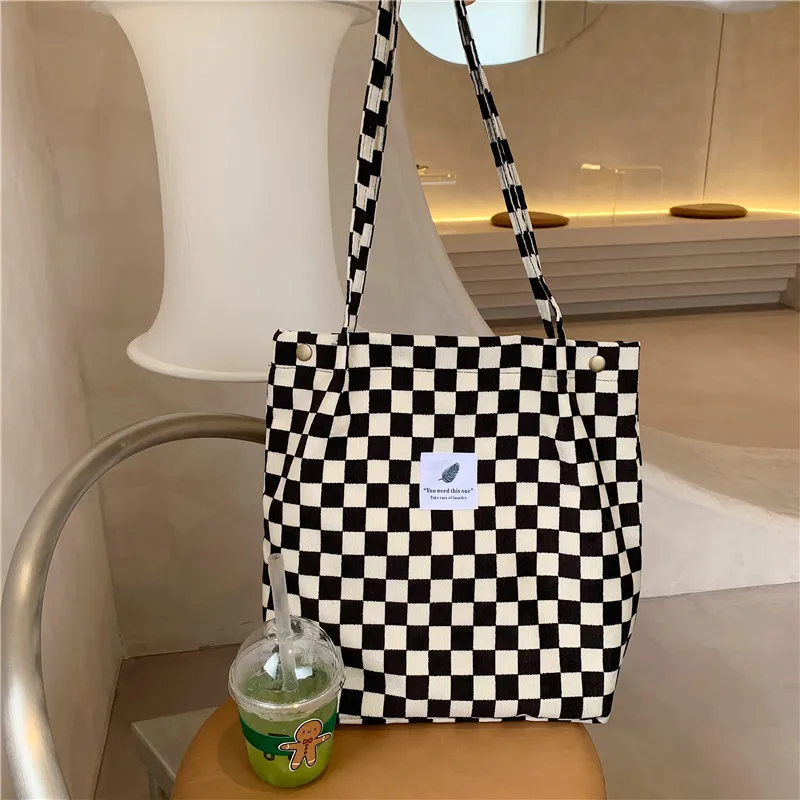 Chess Print Women Corduroy Canvas Tote Handbag Books Shoulder Bags Ladies Cloth Shopping Bag Vintage Plaid Design Cotton Purse