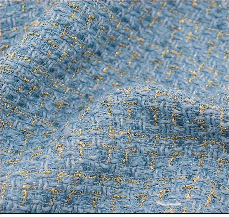 Blue Gold Wire Plaid Weave Tweed Fabric For Coat Skirt Tissus Au Mètre Telas Por Metro Tкань для шитья Tissu Sewing Tela Tecido