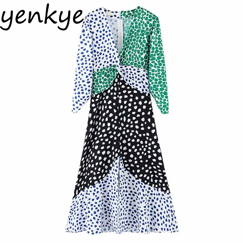 

Summer Dress Women Vintage Patchwork Print Long Dress Female Front Knot V Neck Long Sleeve Sexy Slits A-line Dress YF7379