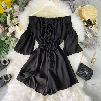 

Women's lace up boat neck off-shoulder flare sleeve bandages high-waisted loose pants jumpsuits