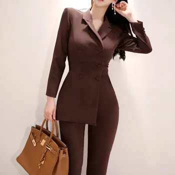 

2019 New Runway korea Women Irregular jumpsuit Double-breasted Blazer Jacket Slim Pencil Pants Female Business jumpsuit