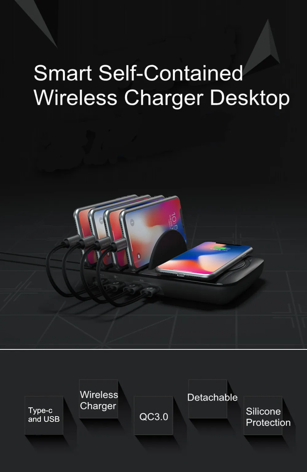 HYASIA Quick Charge 3,0 зарядное устройство адаптер для телефона samsung Xiaomi 50W QC3.0 умный рабочий стол зарядное устройство станция type-C Беспроводное зарядное устройство