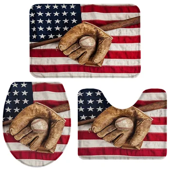

3 Pieces Bathroom Set Sports Decoration Baseball Bath Set Toilet Cover Mat Pedestal Rug Non-Slip Bathroom Rug Set