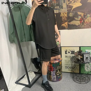 

INCERUN Men Sets Solid Color Short Sleeve Lapel Shirt Fashion Shorts Korean Summer Men Suit Casual Loose Streetwear 2 Piece Sets