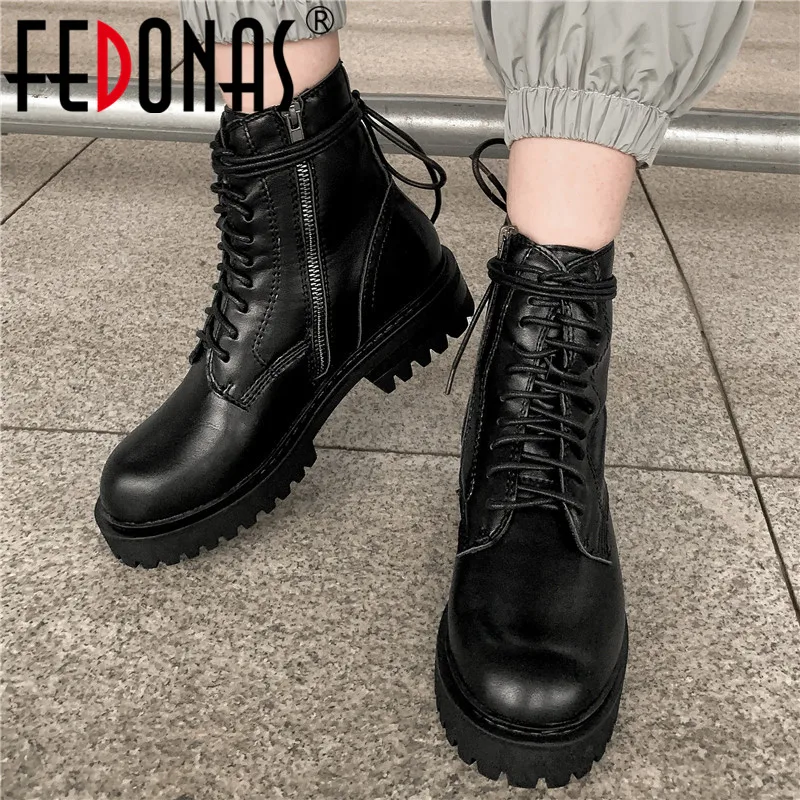 Shoes Woman Motorcycle-Boots Chunky FEDONAS High-Heels Womens Ankle Vintage Winter Genuine-Leather