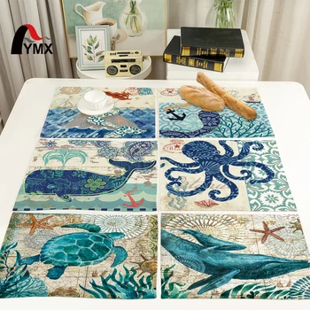 

FYMX Octopus Napkin Marine Life Seahorse Sea Turtle Crab Jellyfish Blue Background Napkins Kitchen Waterproof And Antifouling