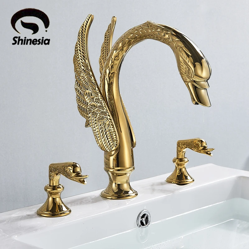 Shinesia Luxury Bathroom Basin Faucet Brass Golden Swan Shape Dual