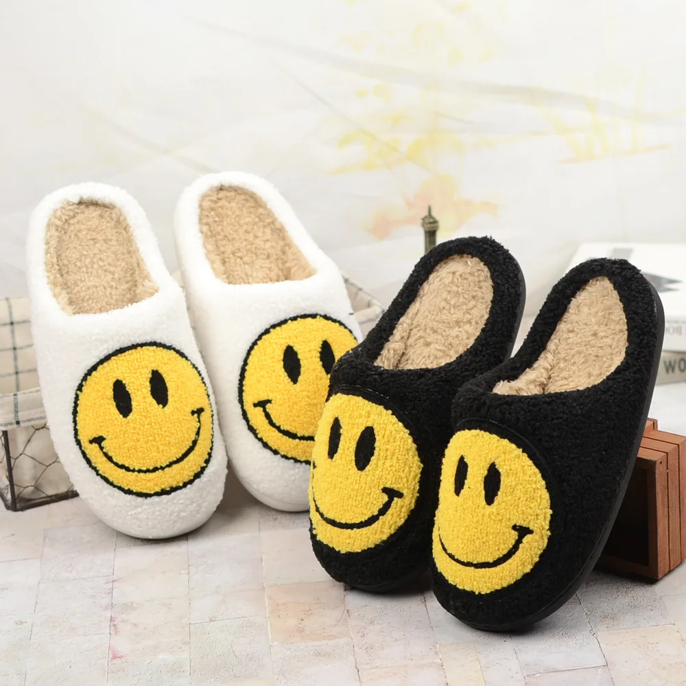 Winter Womens Slippers Fluffy Fur Smile Big Smile Deco Slipper Shoe Short Plush Zapato De Mujer Flats Couple Shoes Indoor Shoes