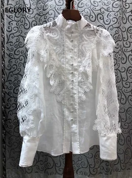 

Top Quality Designer Blouse Shirt 2020 Spring Summer Women Stand Neck Hollow Out Lace Embroidery Blue White Shirt Cotton Linen