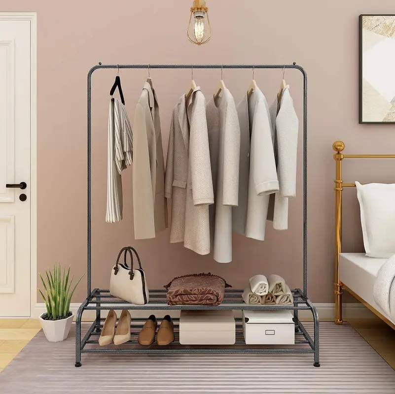 

Metal Clothes Rack with 2-Tier Storage Shelves Clothing Rack 47inch Length Heavy Duty Garment Rack Furniture Clothes Hanger Rack