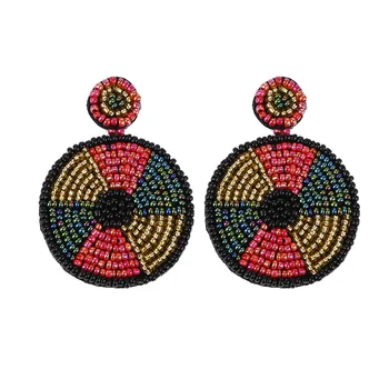 

Big Round Handweave Beaded Statement Earrings Colorful Platter Turntable Round Disc Drop Earrings for Women Chic Jewelry