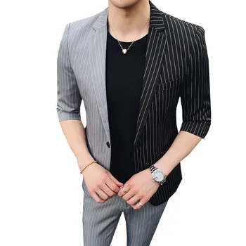 

2019 spring summer new Korean men's splice suits five-point sleeves suit nine points pants striped hair stylist blazer + pants