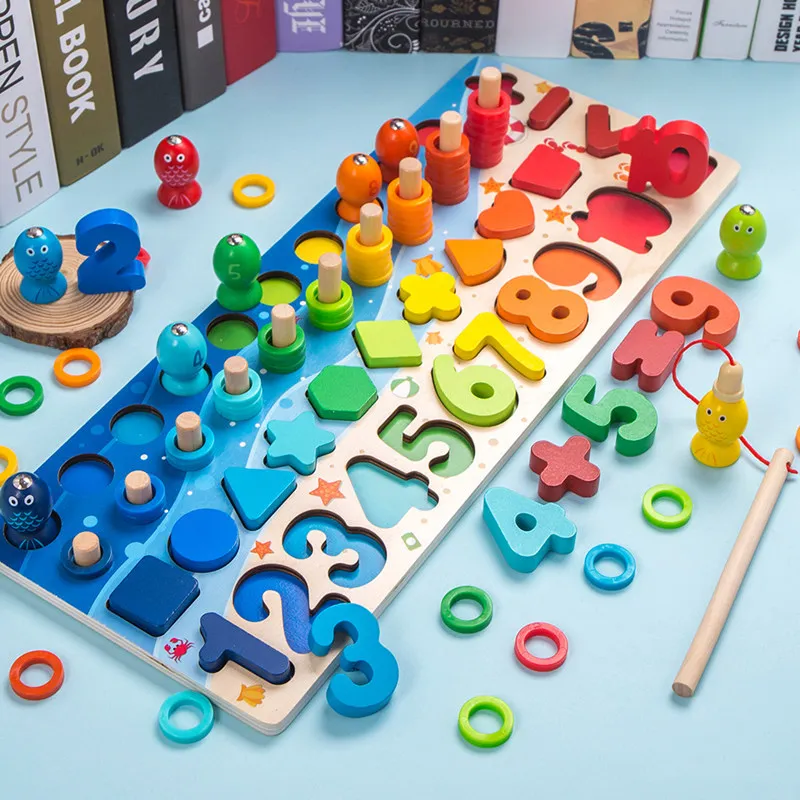 3D Wooden Toys Montessori Magnetic Fishing Digital Shape Matching Blocks Educational Toys For Children Busy Board Math Preschool 12