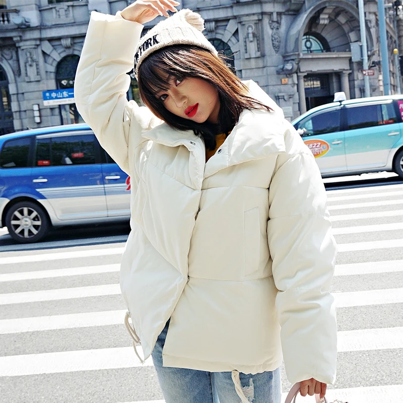 Корейский стиль, зимняя женская куртка со стоячим воротником, однотонное черное белое женское хлопковое пальто, хлопковая Свободная Женская короткая парка, верхняя одежда