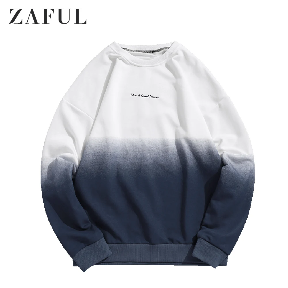 ZAFUL Gradient Color Graphic Sweatshirt Letter Embroidered Ombre Color Sweatshirt Round Neck Long Sleeve Drop Shoulder Hoodie