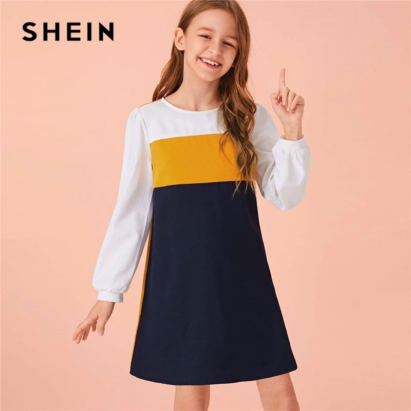 

SHEIN Kiddie Colorblock Girls Casual Tunic Dress Kids Spring Multicolor Long Sleeve Buttoned Back Child Short Straight Dresses